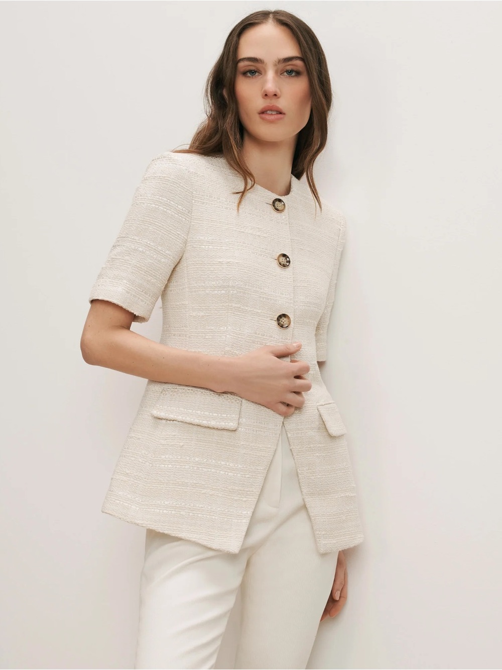 NWT Veronica Beard (6) Bodie Short-Sleeve Tweed Blazer Ecru